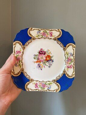 Vintage Gold Castle Porcelain Square Floral Plate With Cobalt Blue & Gold Accent